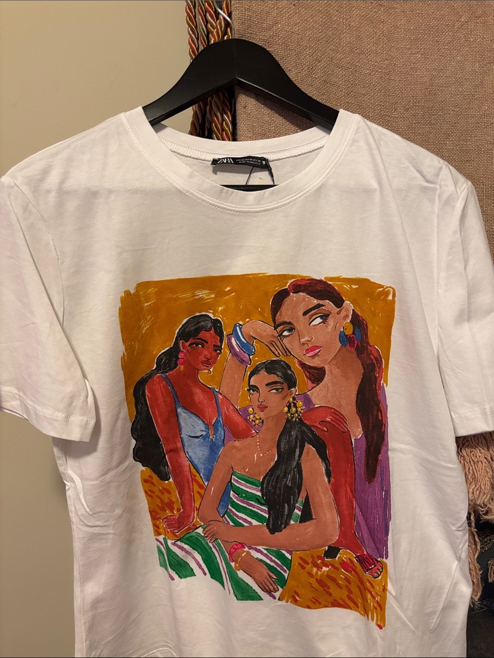 Zara White Tee with Multicolor Illustrated Women
